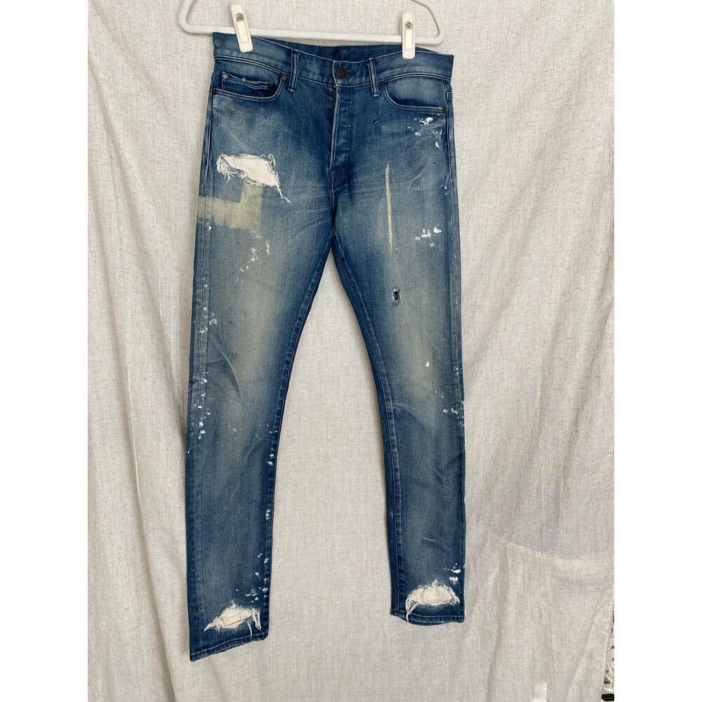 John Elliott Blue Distressed Paint Splatter Skinny Revolve Jeans Sz. 30
